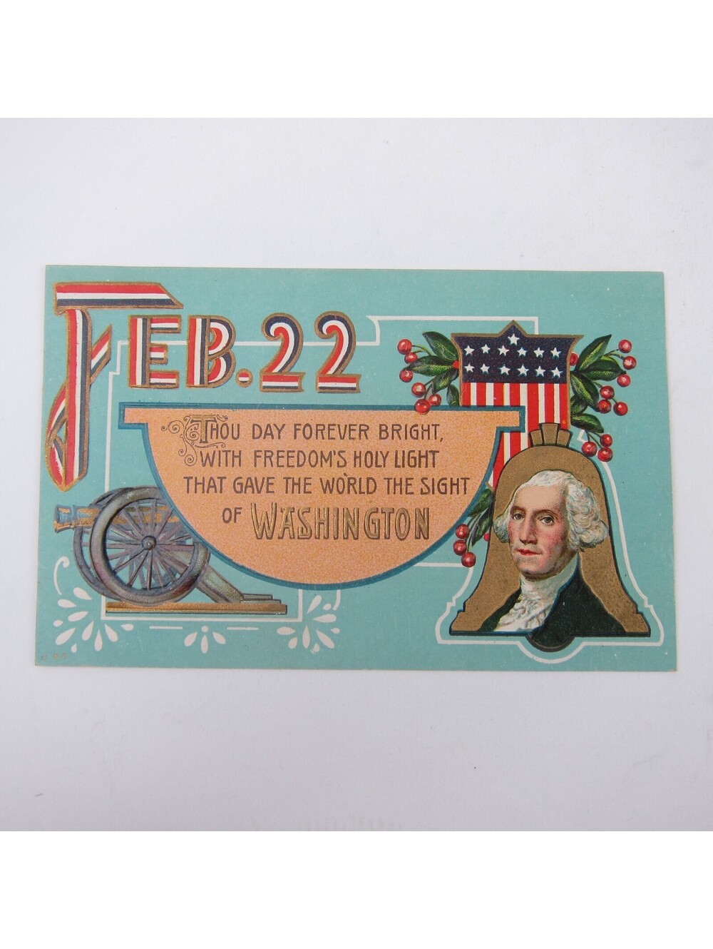 Postcard George Washington Birthday Patriotic Embossed Canon Bell Shield Antique